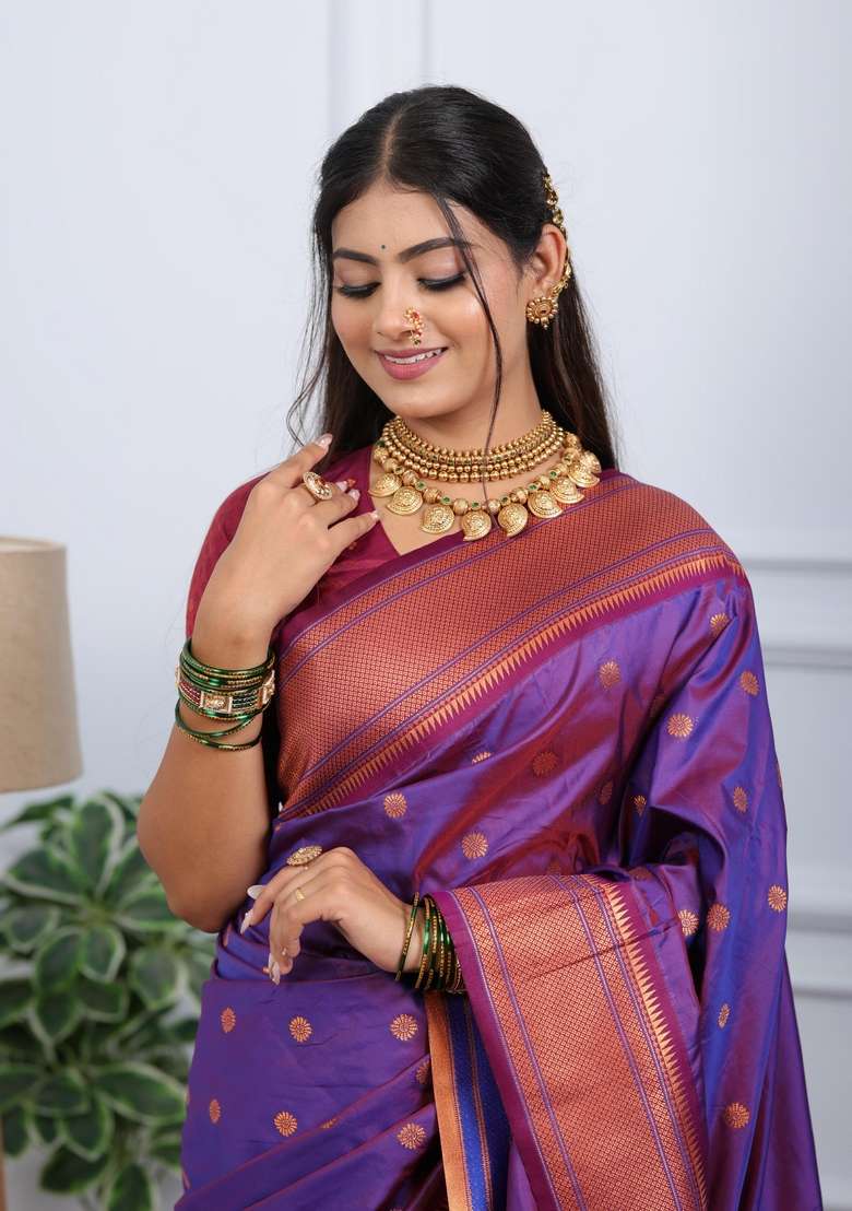 Wine Silk Blend Saree Set with Zari Work for Diwali | Wedding & Festive Wear - Indya