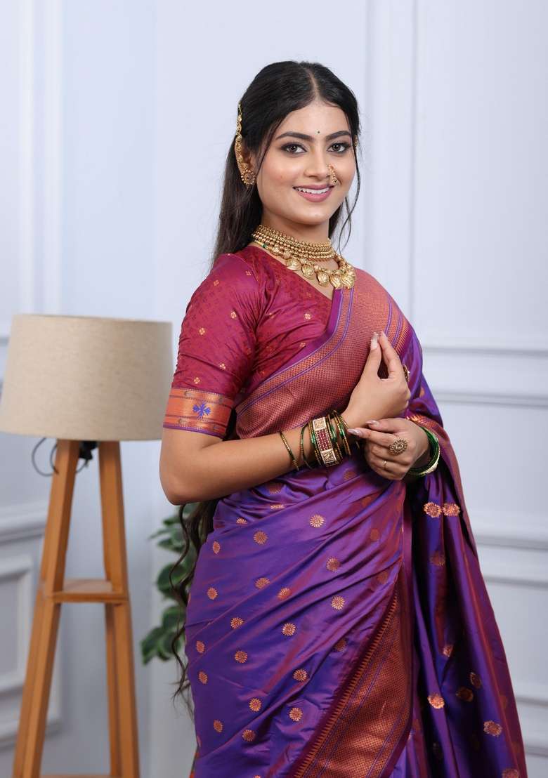 Wine Silk Blend Saree Set with Zari Work for Diwali | Wedding & Festive Wear - Indya