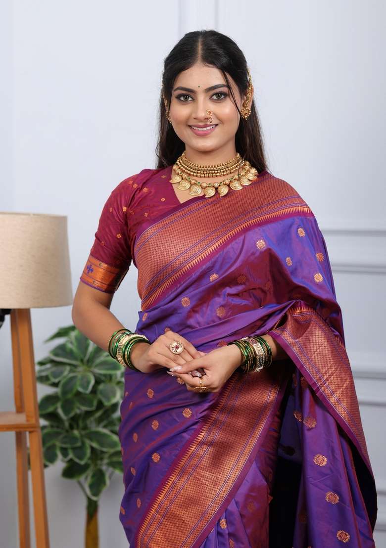 Wine Silk Blend Saree Set with Zari Work for Diwali | Wedding & Festive Wear - Indya
