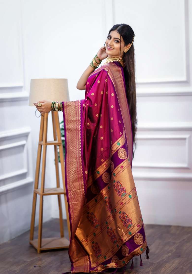 Rani Pink Zari Work Silk Blend Saree Set for Diwali and Festive Wear - Indya