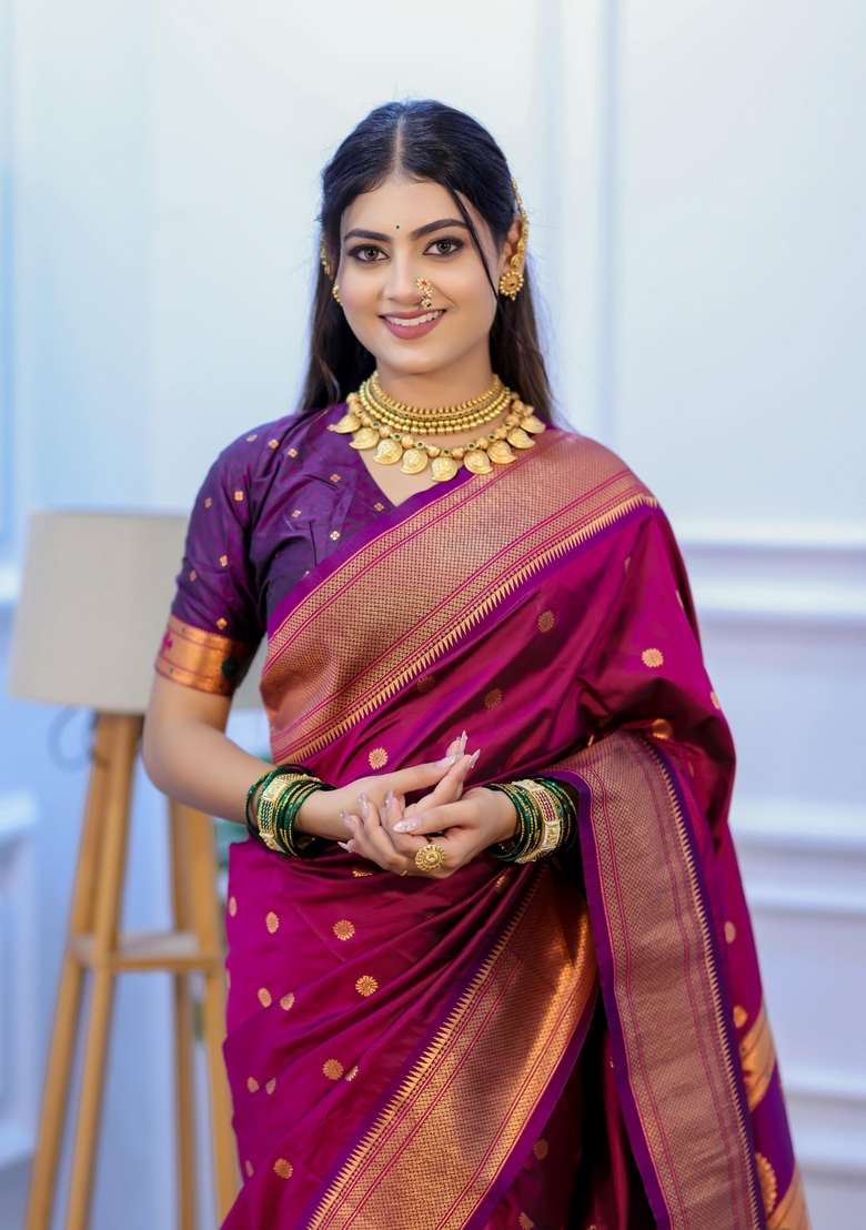 Rani Pink Zari Work Silk Blend Saree Set for Diwali and Festive Wear - Indya