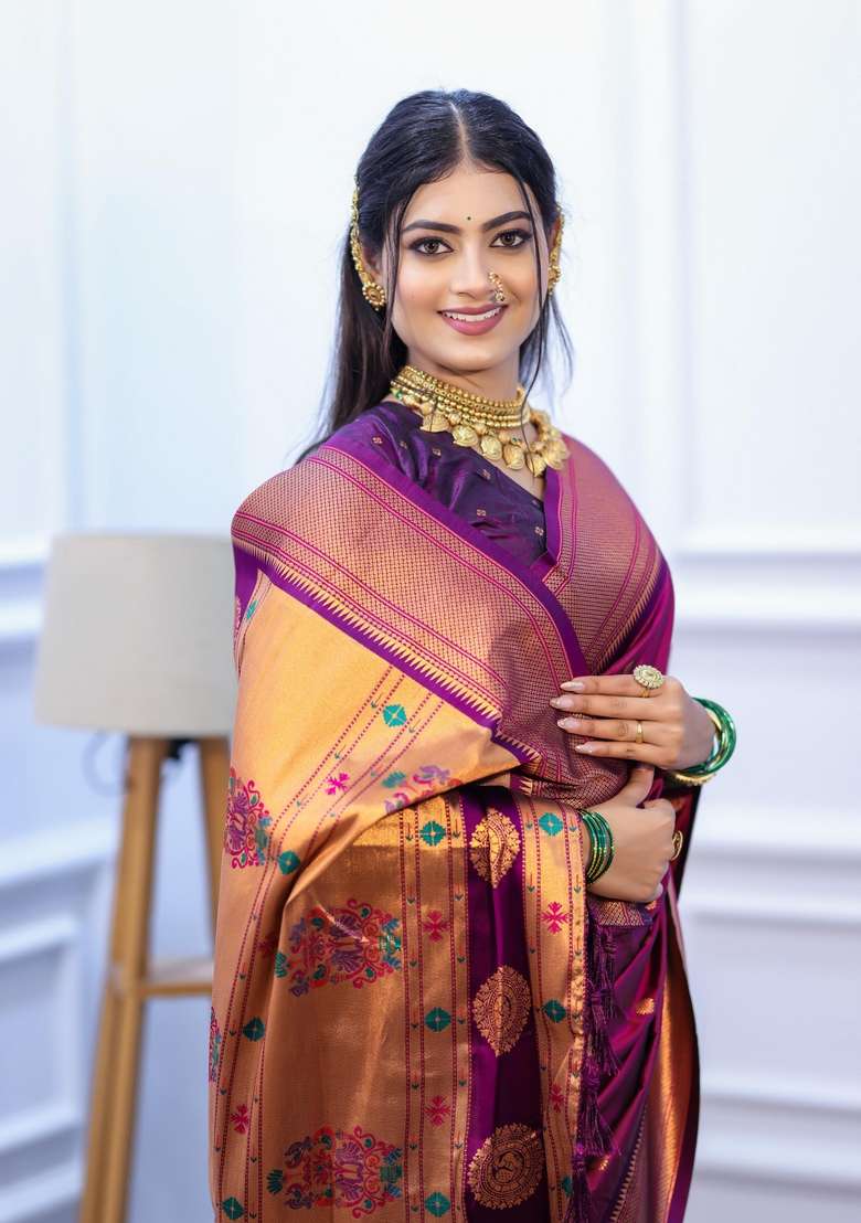 Rani Pink Zari Work Silk Blend Saree Set for Diwali and Festive Wear - Indya