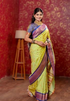 Parrot Green Zari Work Silk Blend Saree Set