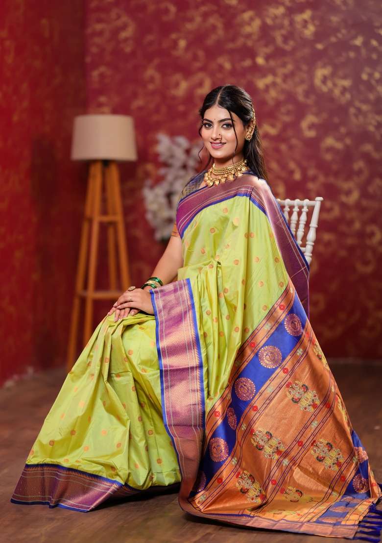Parrot Green Silk Blend Saree Set with Zari Work for Diwali | Wedding & Festive Wear - Indya
