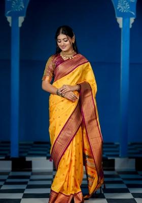 Yellow Zari Work Silk Blend Saree Set