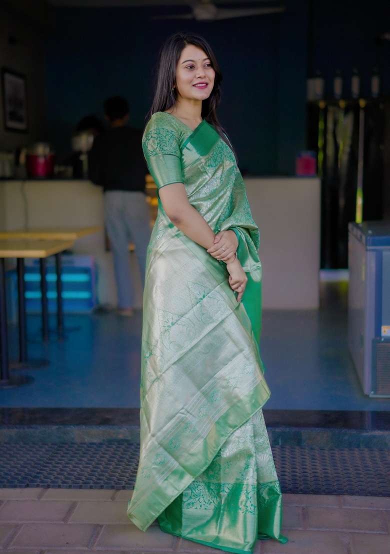 Light Green Silk Blend Saree Set with Zari Work for Diwali | Wedding & Festive Wear - Indya