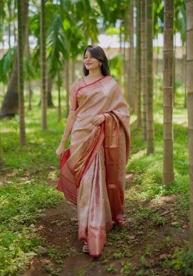 Red Zari Work Silk Blend Saree Set