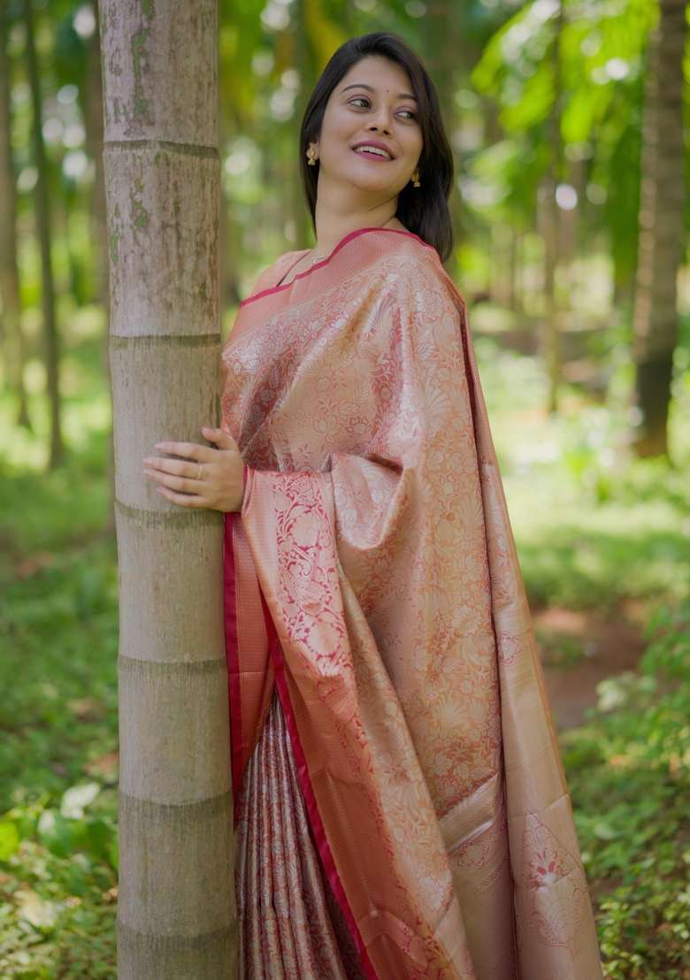 Red Silk Blend Saree Set with Zari Work for Diwali | Wedding & Festive Wear - Indya