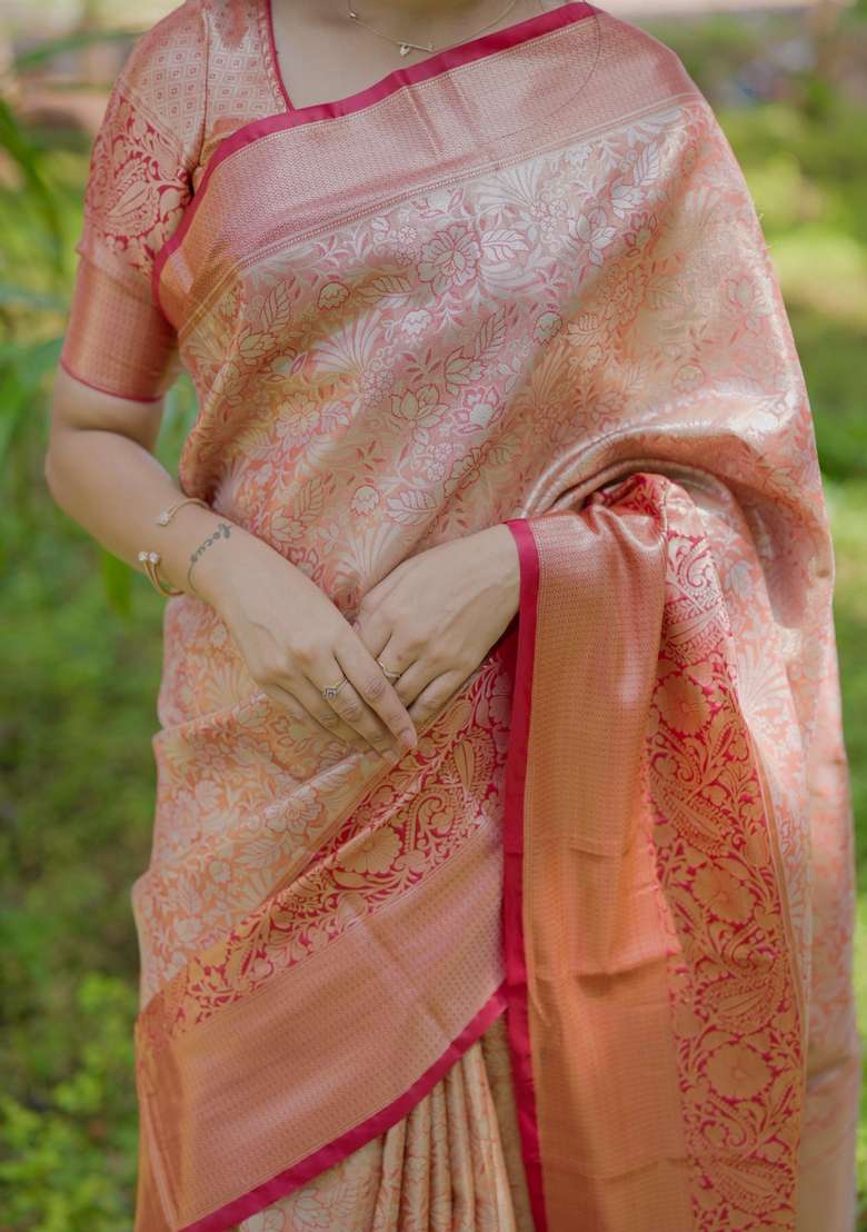 Red Silk Blend Saree Set with Zari Work for Diwali | Wedding & Festive Wear - Indya