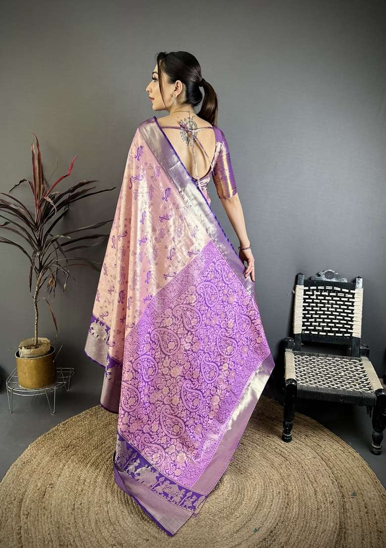 Light Baby Pink Silk Blend Saree Set with Zari Work for Diwali | Wedding & Festive Wear - Indya