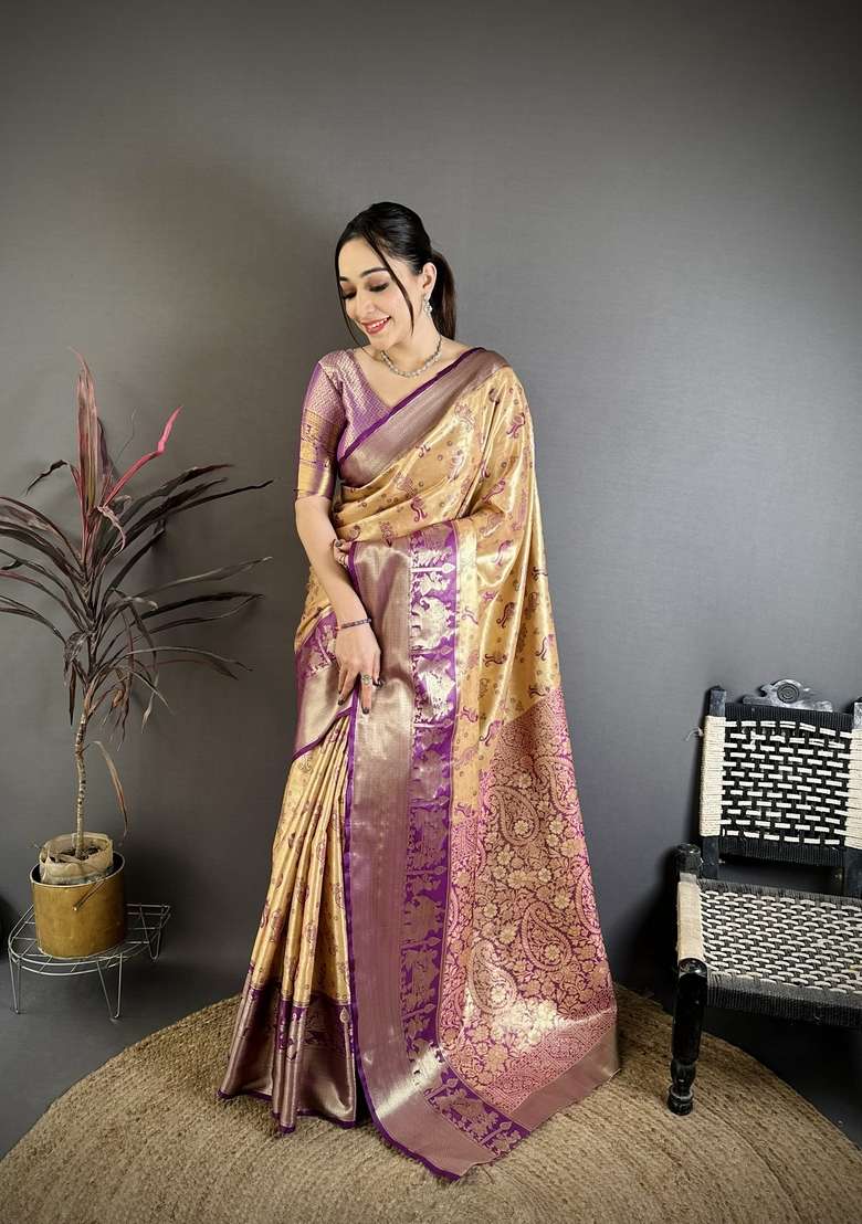 Golden Zari Work Silk Blend Saree Set for Diwali and Festive Wear - Indya