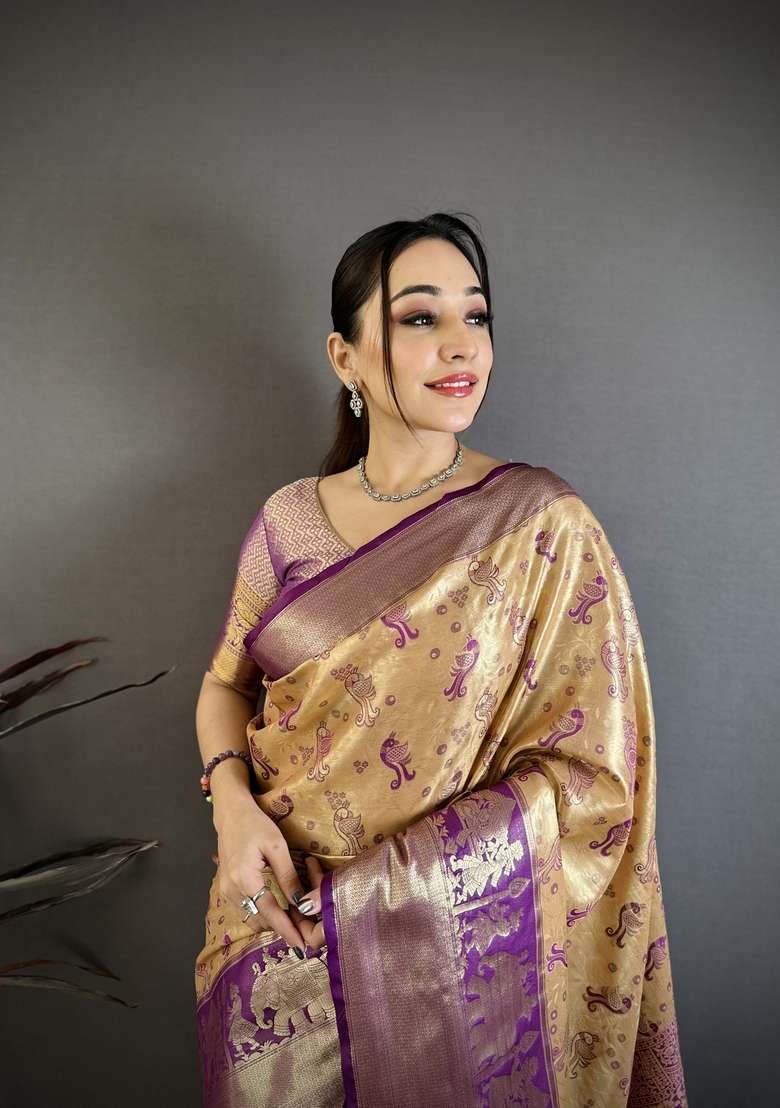 Golden Zari Work Silk Blend Saree Set for Diwali and Festive Wear - Indya