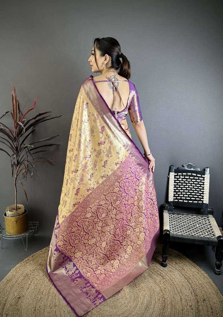Golden Zari Work Silk Blend Saree Set for Diwali and Festive Wear - Indya