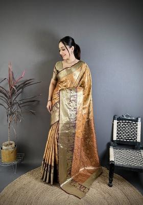 Peach Zari Work Silk Blend Saree Set