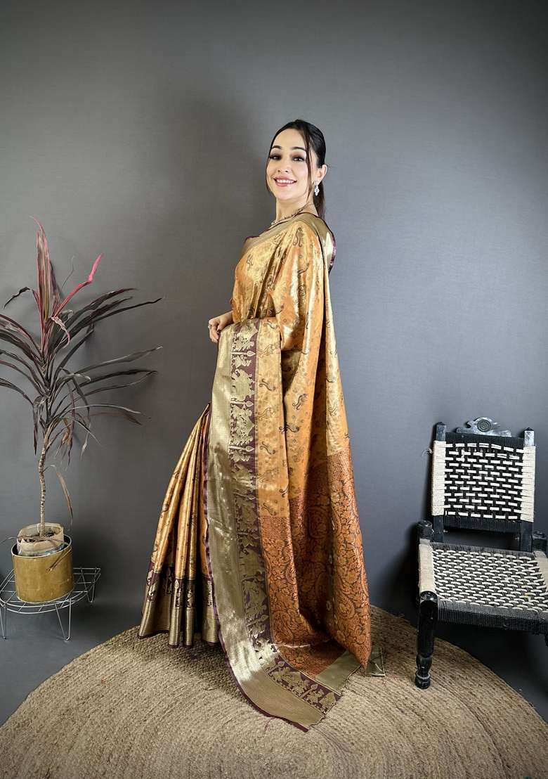Peach Zari Work Silk Blend Saree Set for Diwali and Festive Wear - Indya