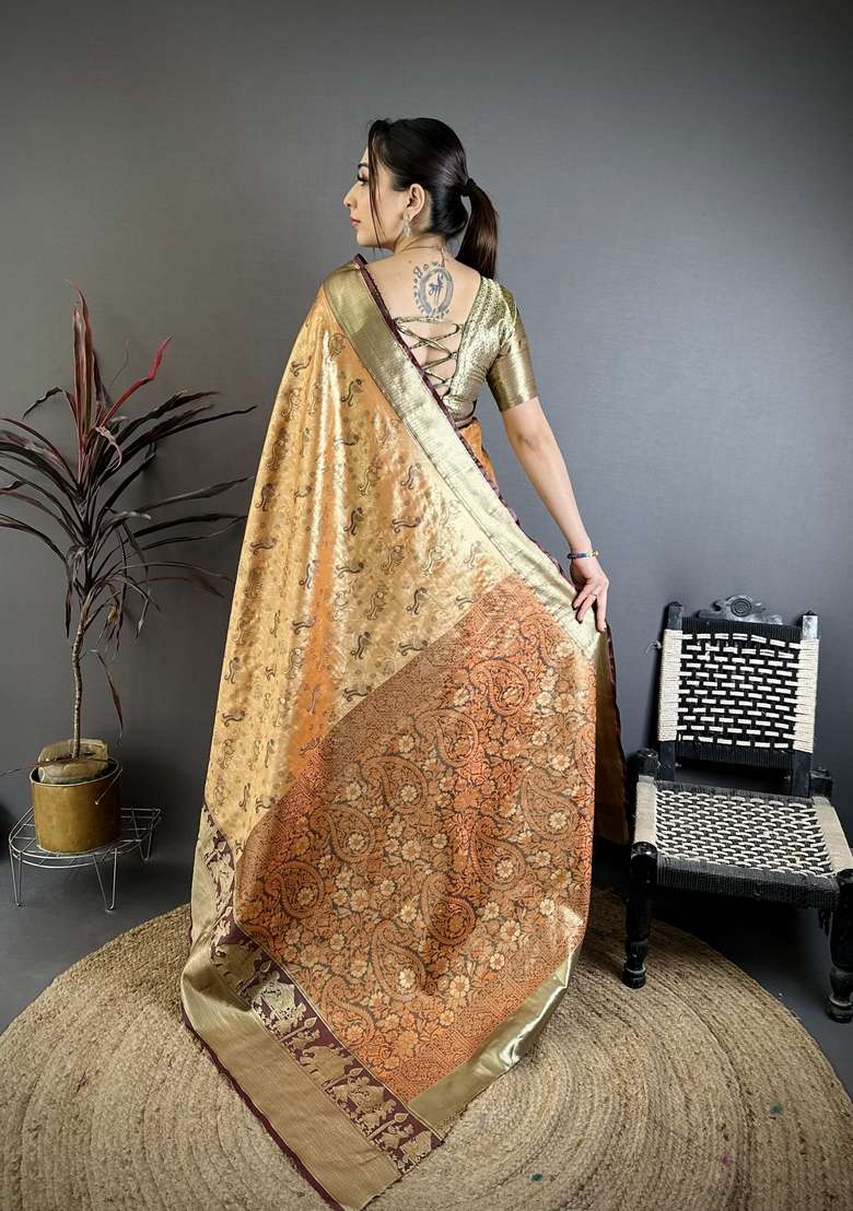 Peach Zari Work Silk Blend Saree Set for Diwali and Festive Wear - Indya