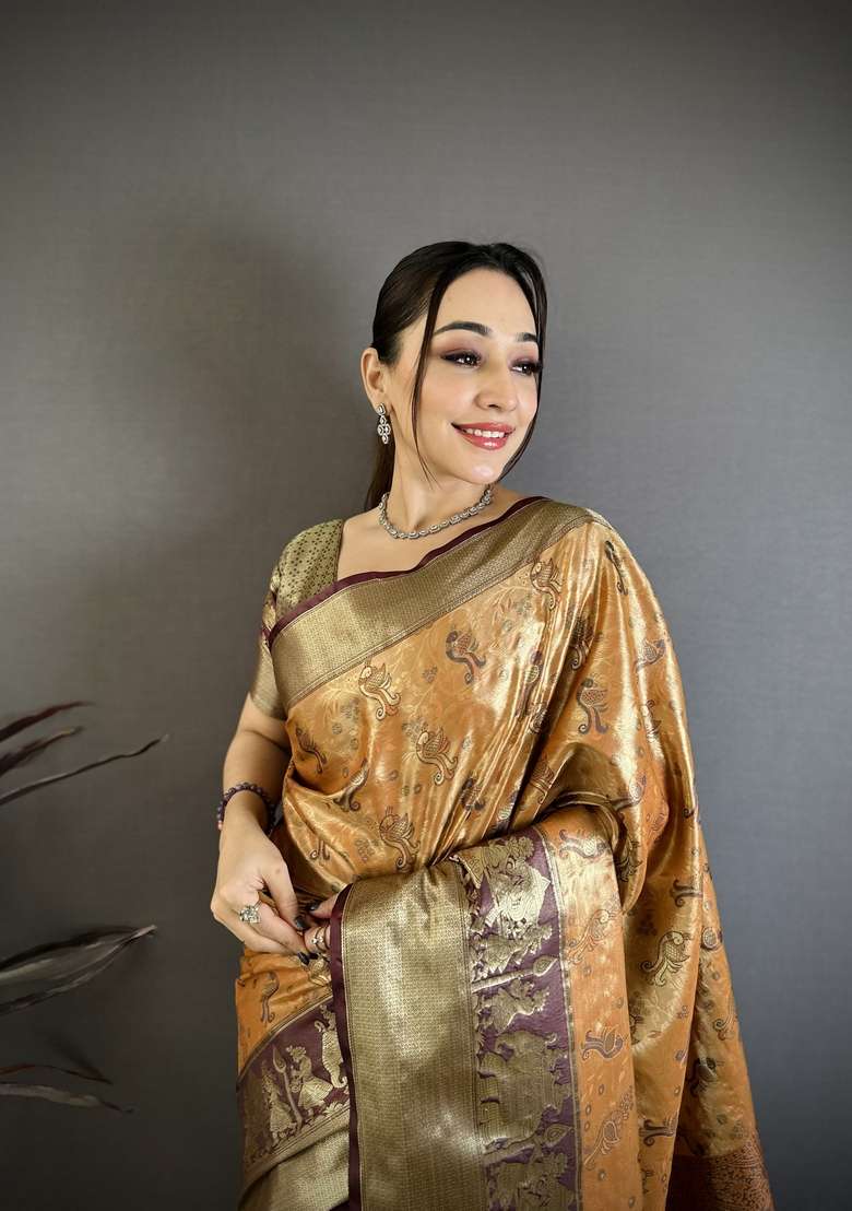 Peach Zari Work Silk Blend Saree Set for Diwali and Festive Wear - Indya