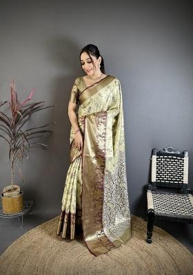 Mehendi Zari Work Silk Blend Saree Set