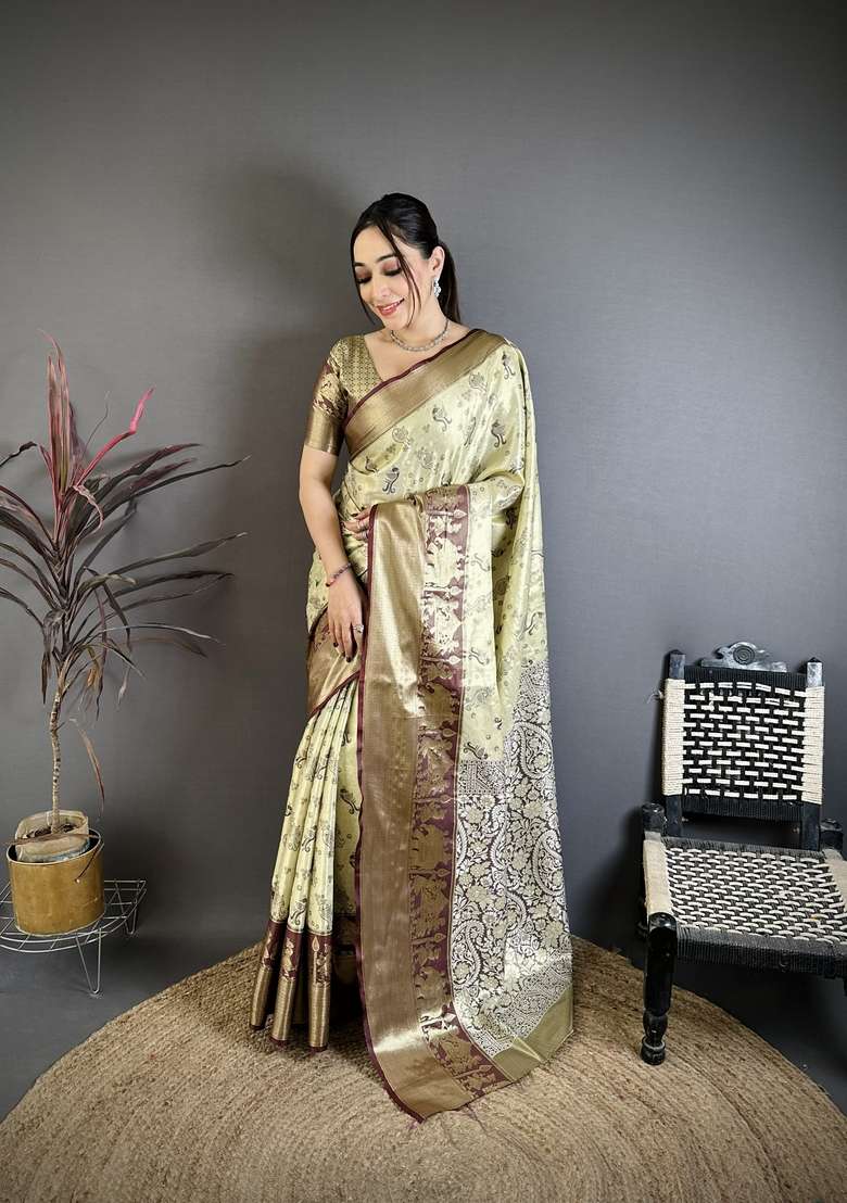 Mehendi Silk Blend Saree Set with Zari Work for Diwali | Wedding & Festive Wear - Indya