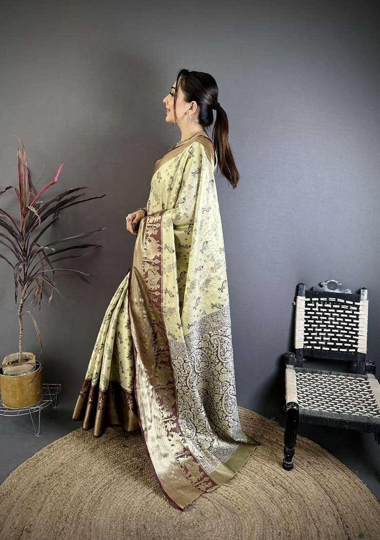 Mehendi Silk Blend Saree Set with Zari Work for Diwali | Wedding & Festive Wear - Indya