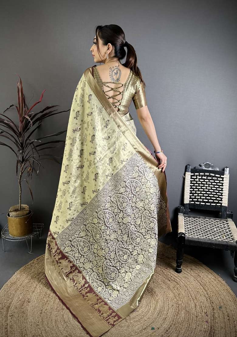 Mehendi Silk Blend Saree Set with Zari Work for Diwali | Wedding & Festive Wear - Indya