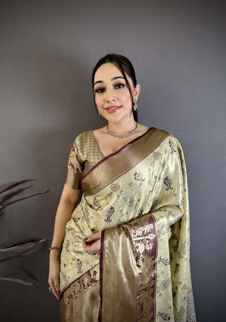Mehendi Silk Blend Saree Set with Zari Work for Diwali | Wedding & Festive Wear - Indya