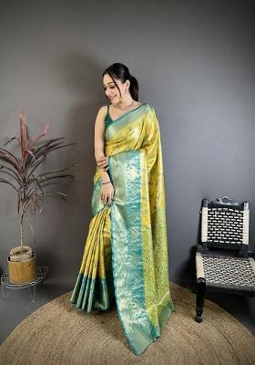 Yellow Zari Work Silk Blend Saree Set