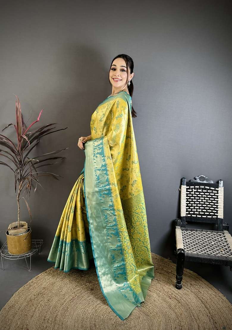 Yellow Zari Work Silk Blend Saree Set for Diwali and Festive Wear - Indya