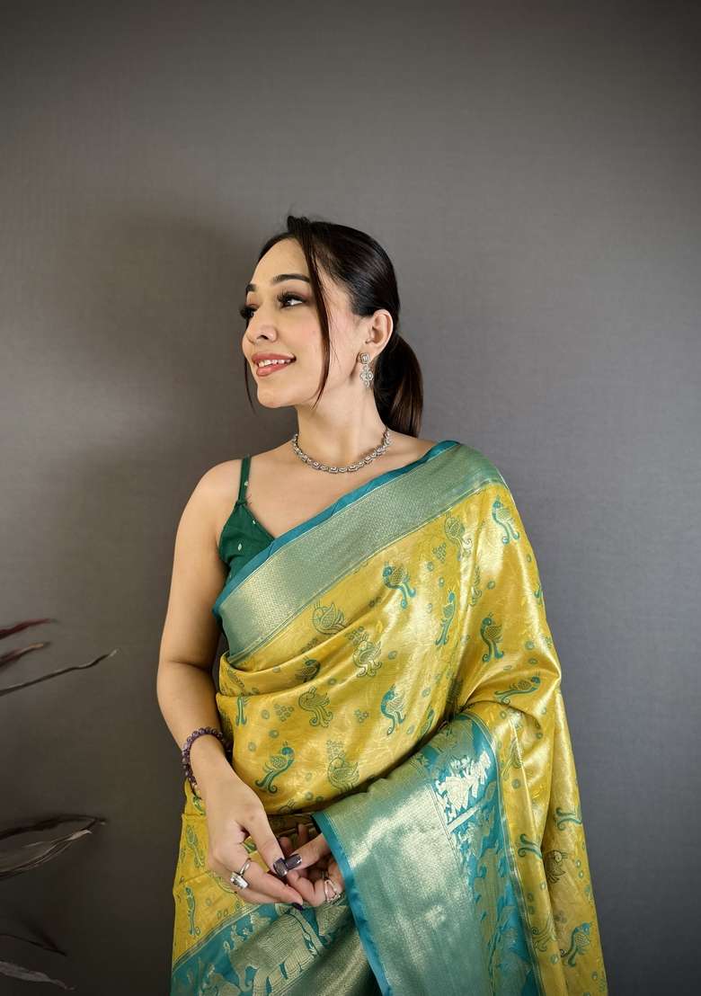 Yellow Zari Work Silk Blend Saree Set for Diwali and Festive Wear - Indya