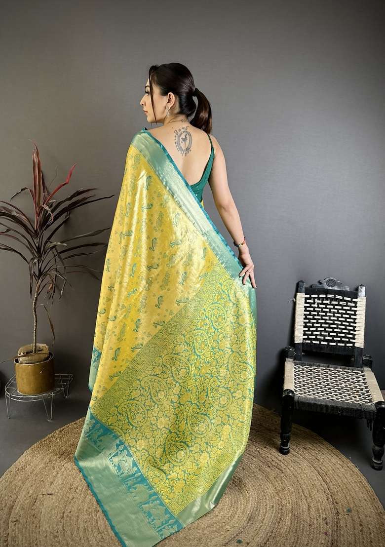 Yellow Zari Work Silk Blend Saree Set for Diwali and Festive Wear - Indya