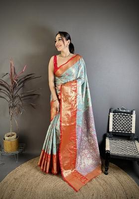 Light Sky Blue Zari Work Silk Blend Saree Set