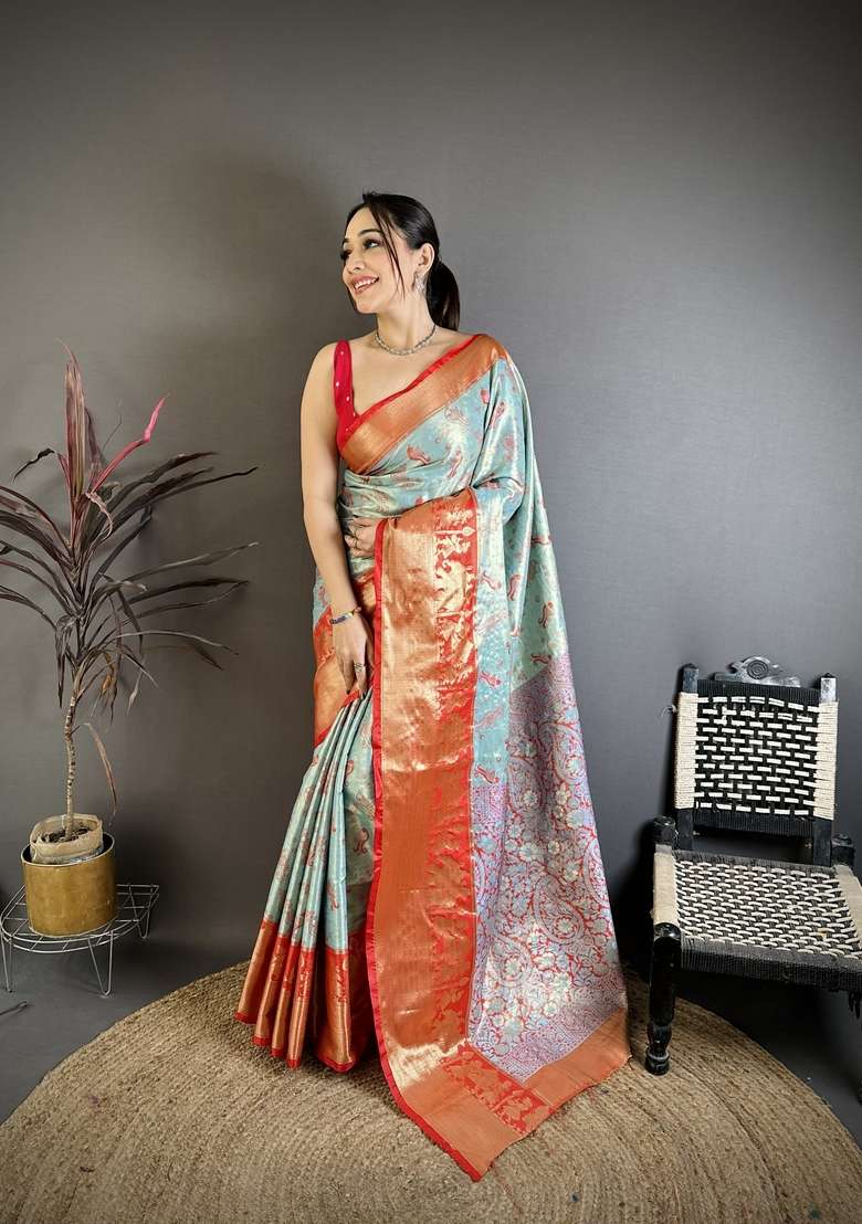 Light Sky Blue Zari Work Silk Blend Saree Set for Diwali and Festive Wear - Indya