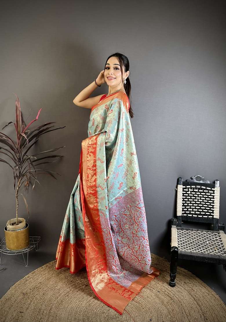 Light Sky Blue Zari Work Silk Blend Saree Set for Diwali and Festive Wear - Indya