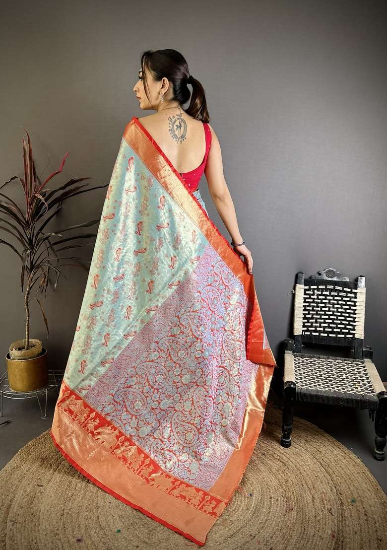 Light Sky Blue Zari Work Silk Blend Saree Set for Diwali and Festive Wear - Indya