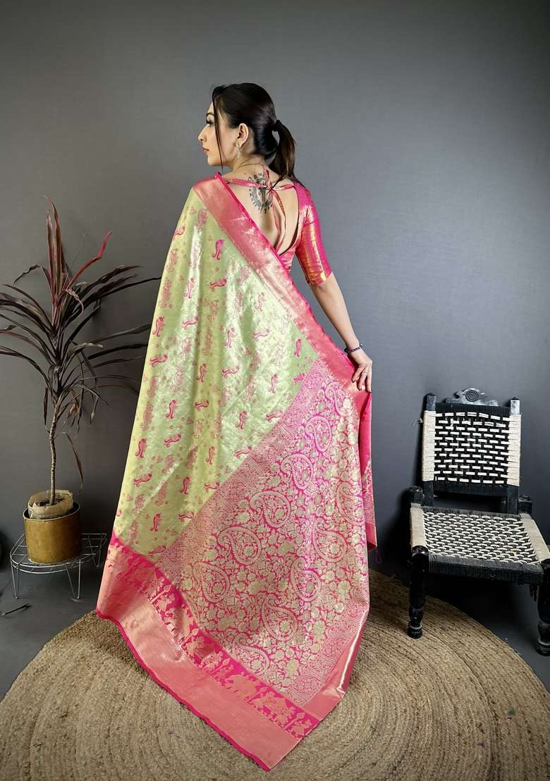 Light Golden Silk Blend Saree Set with Zari Work for Diwali | Wedding & Festive Wear - Indya