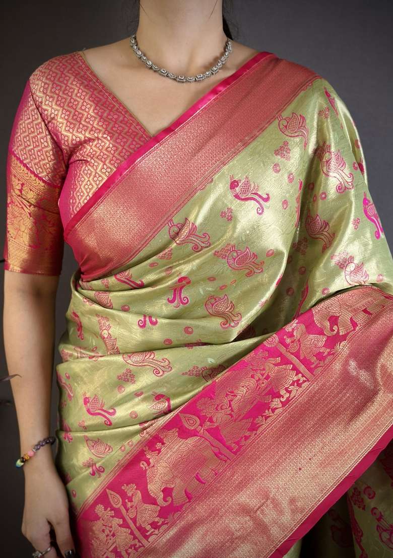 Light Golden Silk Blend Saree Set with Zari Work for Diwali | Wedding & Festive Wear - Indya