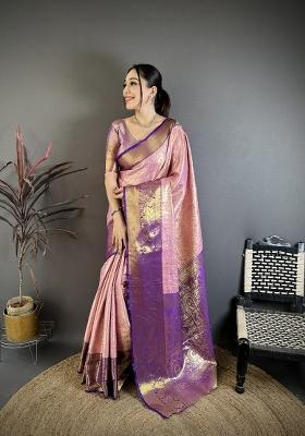 Light Baby Pink Zari Work Silk Blend Saree Set