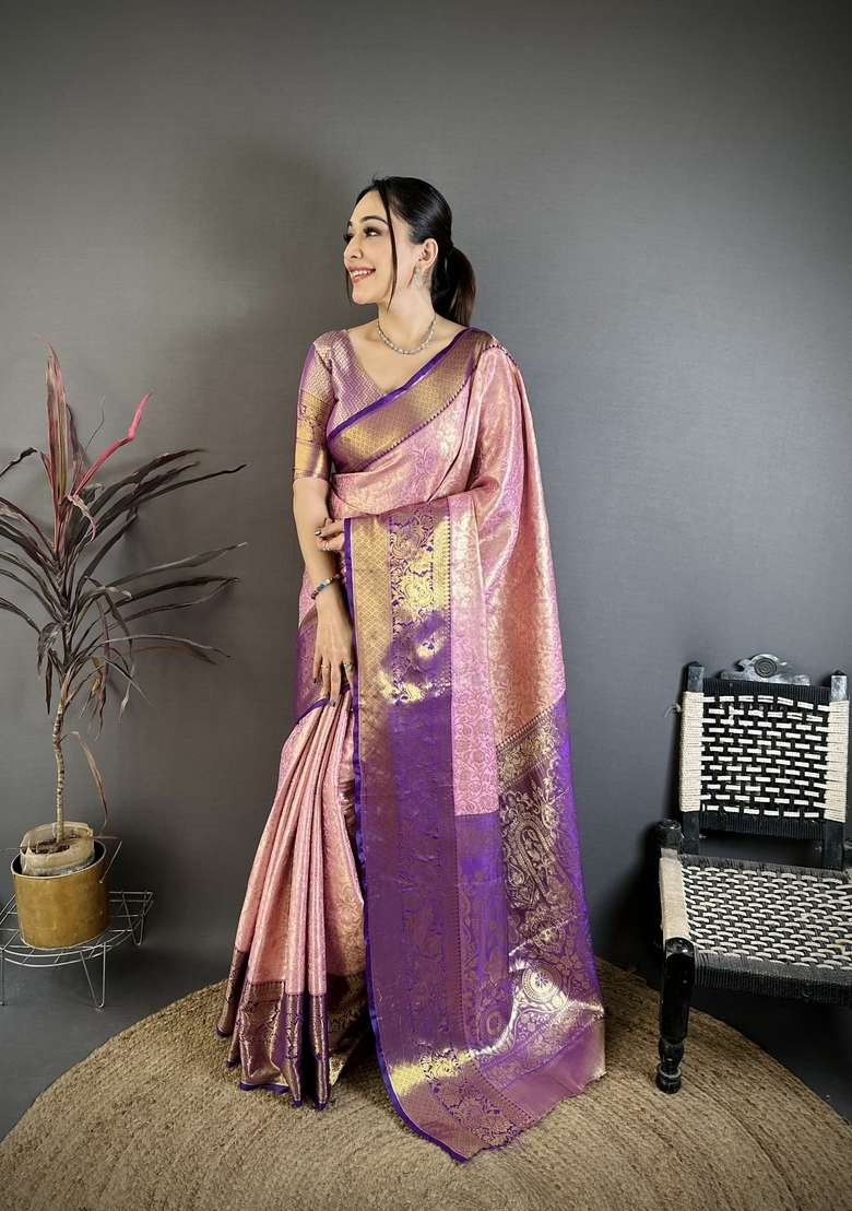 Light Baby Pink Silk Blend Saree Set with Zari Work for Diwali | Wedding & Festive Wear - Indya