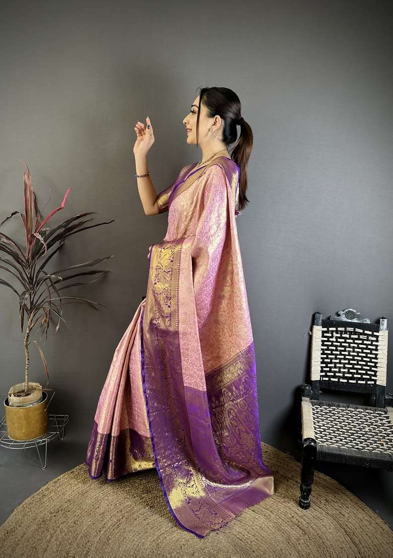 Light Baby Pink Silk Blend Saree Set with Zari Work for Diwali | Wedding & Festive Wear - Indya