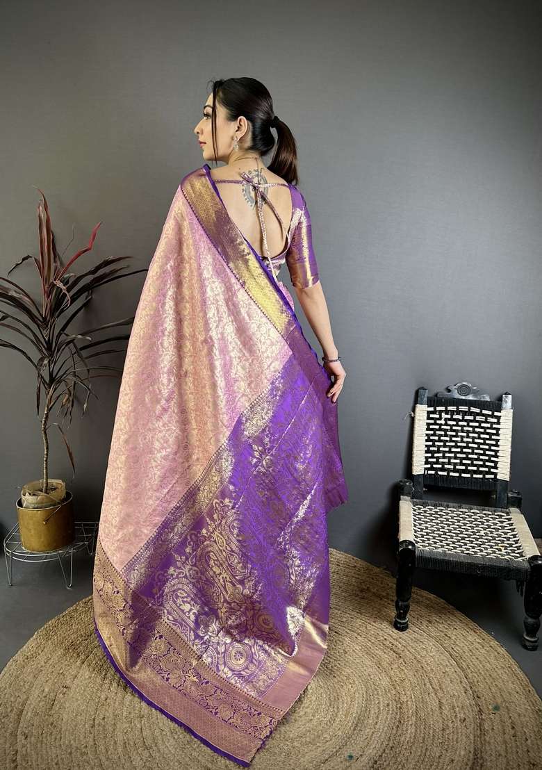 Light Baby Pink Silk Blend Saree Set with Zari Work for Diwali | Wedding & Festive Wear - Indya