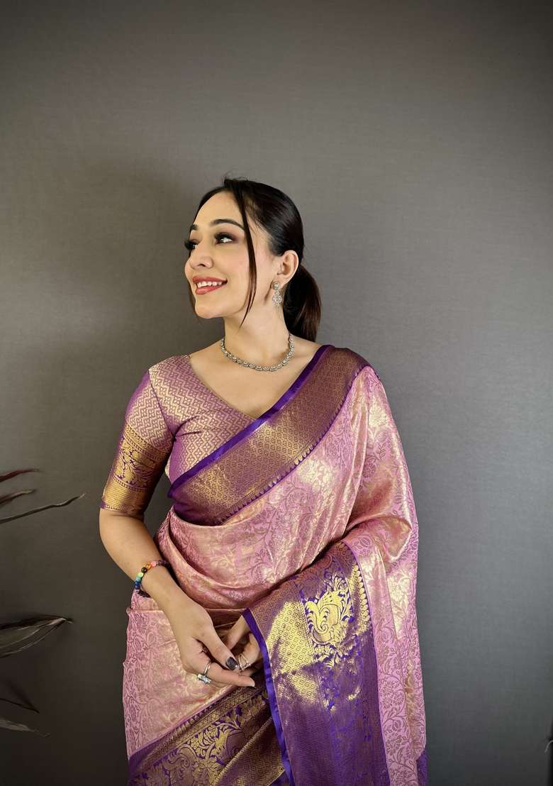 Light Baby Pink Silk Blend Saree Set with Zari Work for Diwali | Wedding & Festive Wear - Indya