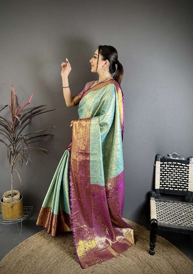 Light Sky Blue Silk Blend Saree Set with Zari Work for Diwali | Wedding & Festive Wear - Indya