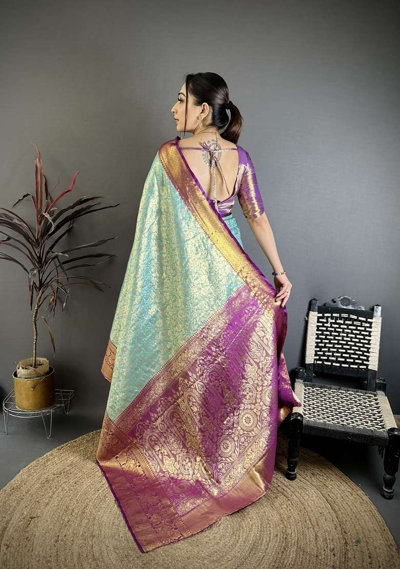 Light Sky Blue Silk Blend Saree Set with Zari Work for Diwali | Wedding & Festive Wear - Indya