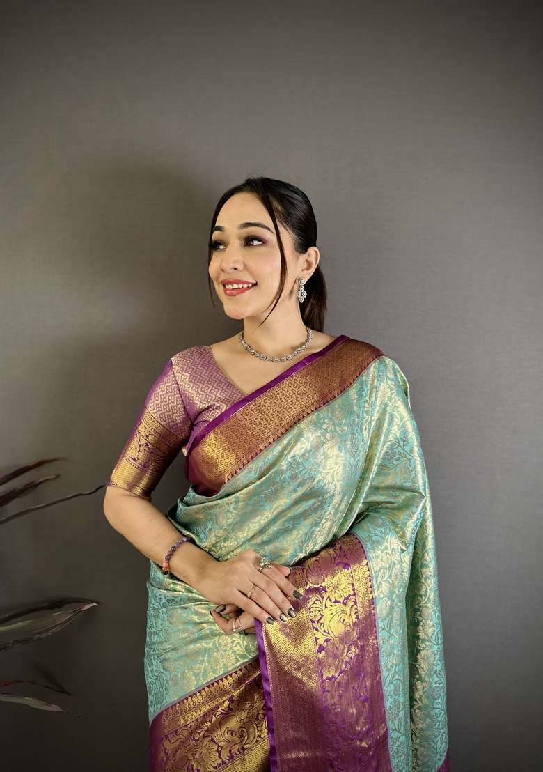 Light Sky Blue Silk Blend Saree Set with Zari Work for Diwali | Wedding & Festive Wear - Indya