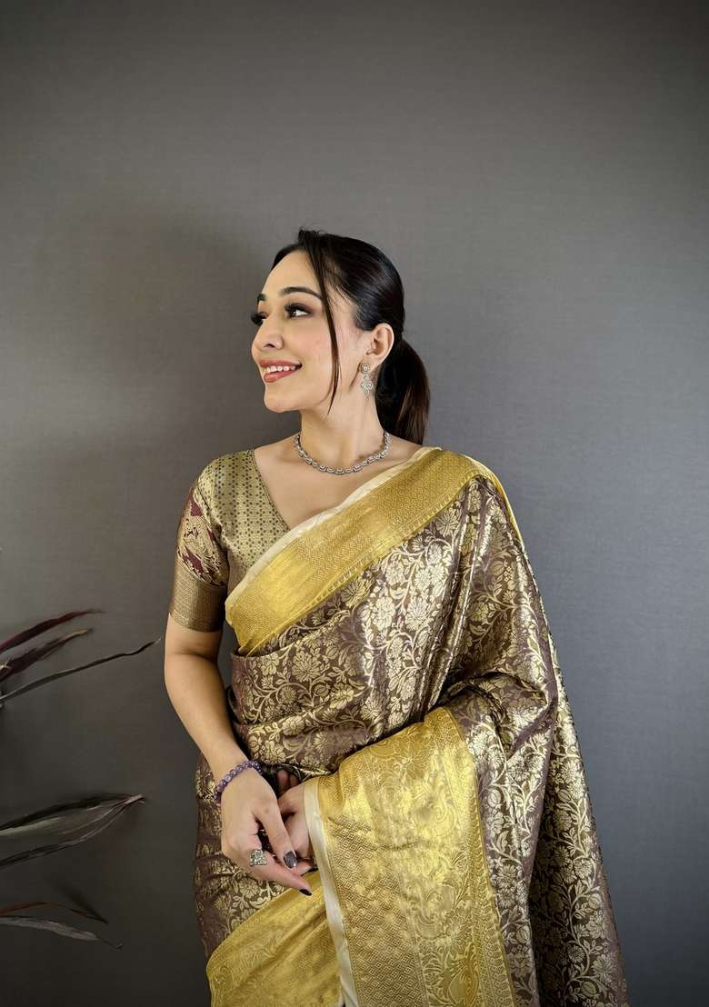 Brown Zari Work Silk Blend Saree Set for Diwali and Festive Wear - Indya