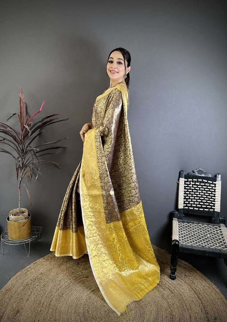 Brown Zari Work Silk Blend Saree Set for Diwali and Festive Wear - Indya