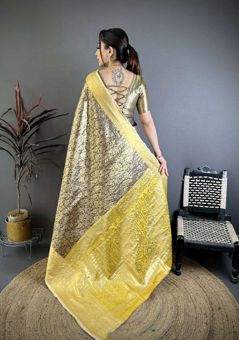 Brown Zari Work Silk Blend Saree Set for Diwali and Festive Wear - Indya