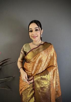 Orange Zari Work Silk Blend Saree Set