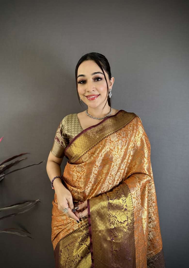 Orange Silk Blend Saree Set with Zari Work for Diwali | Wedding & Festive Wear - Indya