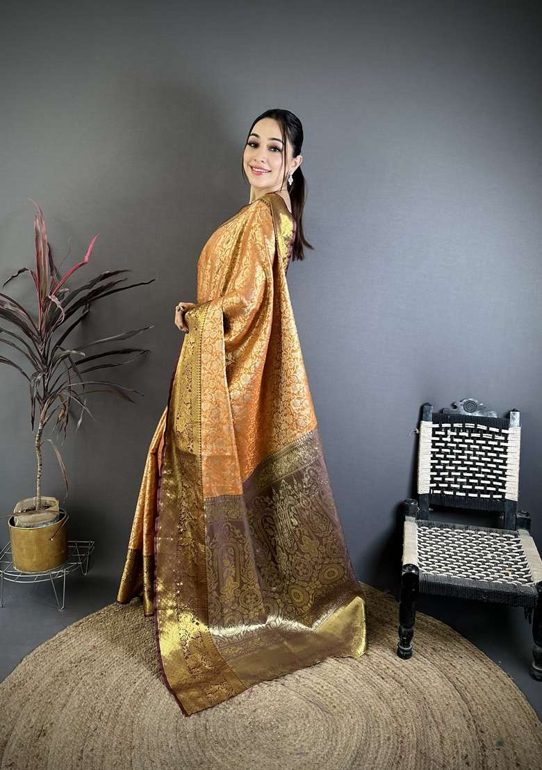 Orange Silk Blend Saree Set with Zari Work for Diwali | Wedding & Festive Wear - Indya